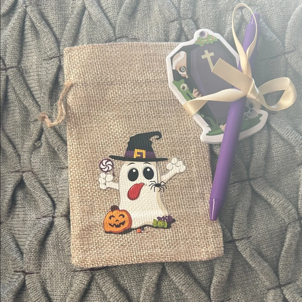 Halloween Burlap Gift Bags with Pens and Sticky Notes